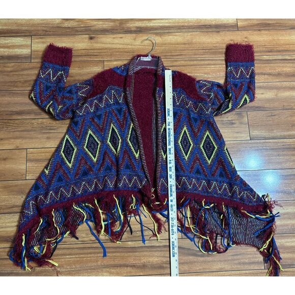 Luxmi Bohemian Fringe Open-Front Cardigan Sweater Aztec Pattern Multicolor - Picture 3 of 9